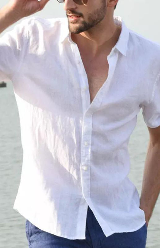 Men's Casual Linen Lapel Button Short-Sleeved Shirt - Premium Shirt & Tops from kakaclo - Just $11.88! Shop now at Craftklart.store