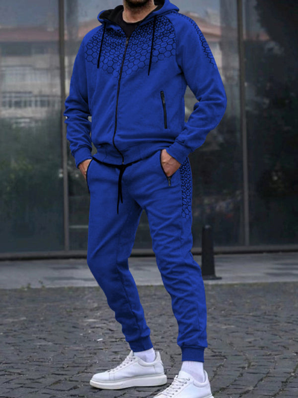 Men's Zipper Hooded Jacket Honeycomb Print Casual Sweatshirt Trousers Set - Premium Set from kakaclo - Just $17.09! Shop now at Craftklart.store