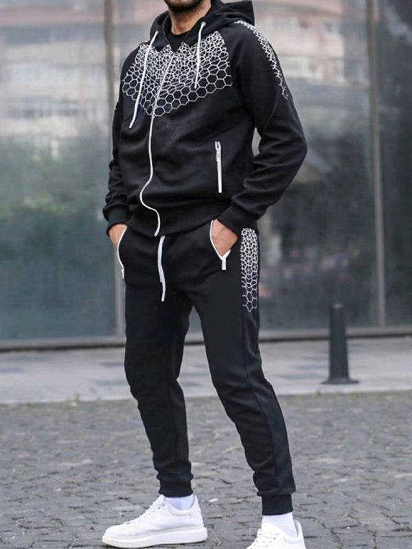 Men's Zipper Hooded Jacket Honeycomb Print Casual Sweatshirt Trousers Set - Premium Set from kakaclo - Just $17.09! Shop now at Craftklart.store