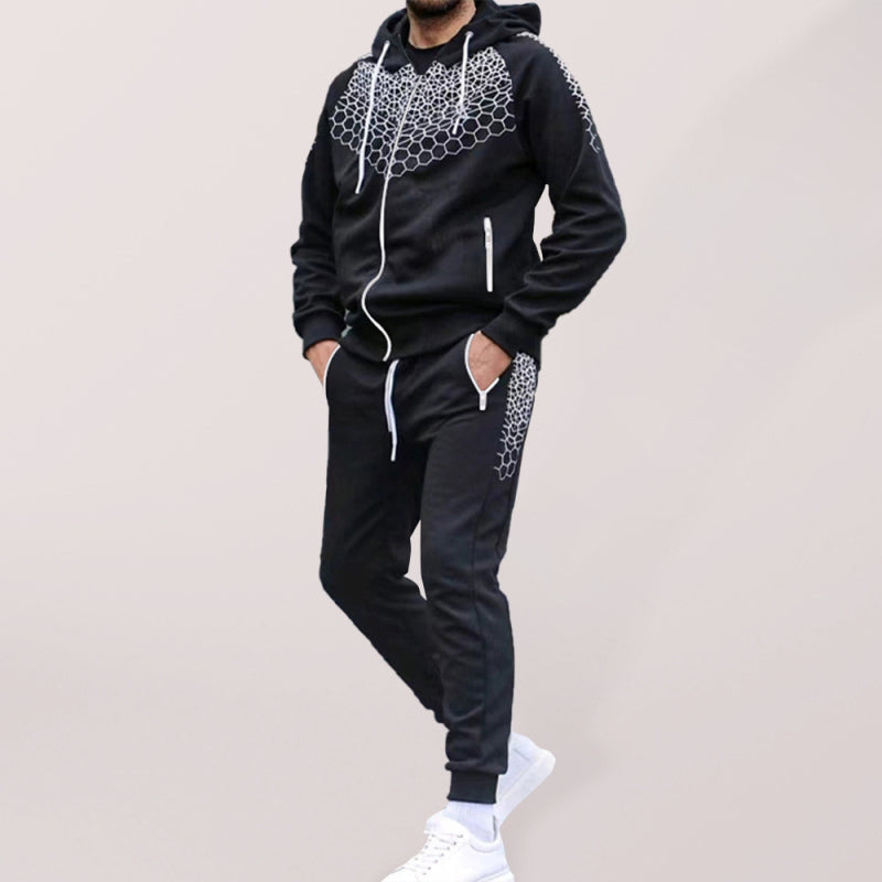 Men's Zipper Hooded Jacket Honeycomb Print Casual Sweatshirt Trousers Set - Premium Set from kakaclo - Just $17.09! Shop now at Craftklart.store