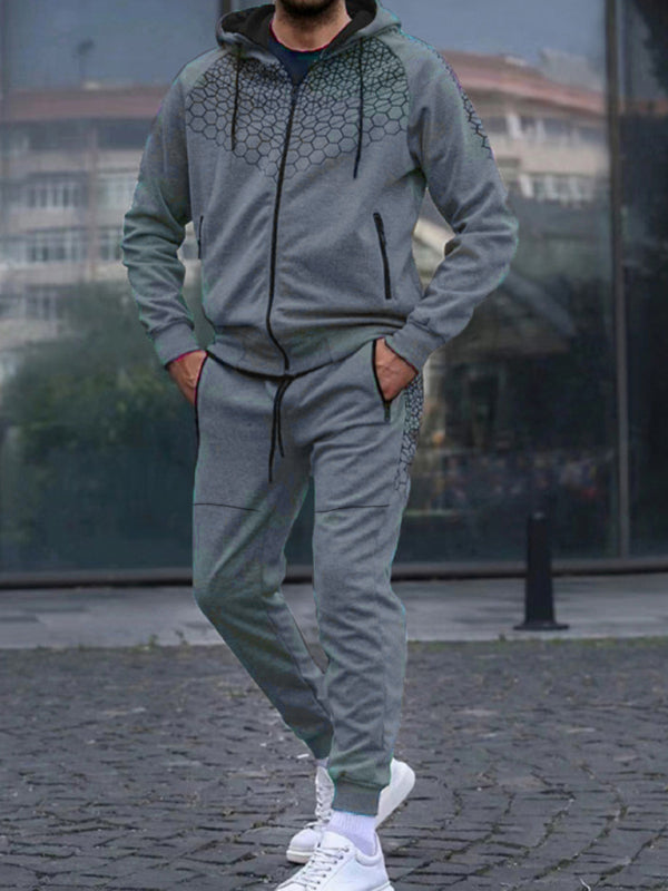 Men's Zipper Hooded Jacket Honeycomb Print Casual Sweatshirt Trousers Set - Premium Set from kakaclo - Just $17.09! Shop now at Craftklart.store