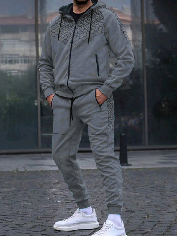 Men's Zipper Hooded Jacket Honeycomb Print Casual Sweatshirt Trousers Set - Premium Set from kakaclo - Just $17.09! Shop now at Craftklart.store