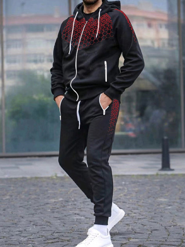 Men's Zipper Hooded Jacket Honeycomb Print Casual Sweatshirt Trousers Set - Premium Set from kakaclo - Just $17.09! Shop now at Craftklart.store