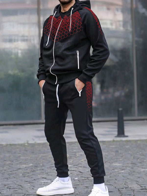 Men's Zipper Hooded Jacket Honeycomb Print Casual Sweatshirt Trousers Set - Premium Set from kakaclo - Just $17.09! Shop now at Craftklart.store