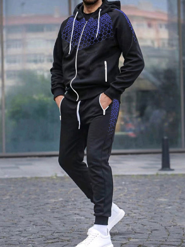 Men's Zipper Hooded Jacket Honeycomb Print Casual Sweatshirt Trousers Set - Premium Set from kakaclo - Just $17.09! Shop now at Craftklart.store