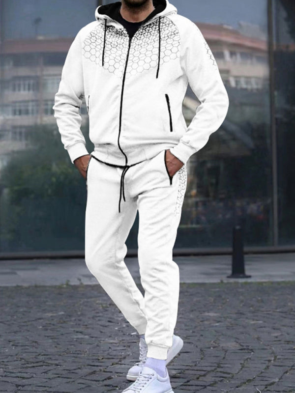Men's Zipper Hooded Jacket Honeycomb Print Casual Sweatshirt Trousers Set - Premium Set from kakaclo - Just $17.09! Shop now at Craftklart.store