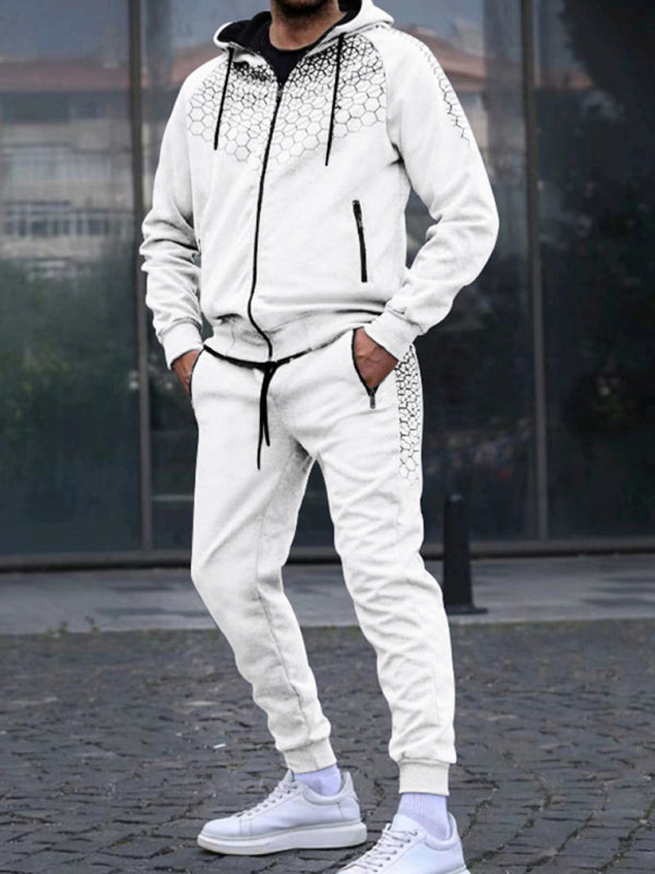 Men's Zipper Hooded Jacket Honeycomb Print Casual Sweatshirt Trousers Set - Premium Set from kakaclo - Just $17.09! Shop now at Craftklart.store