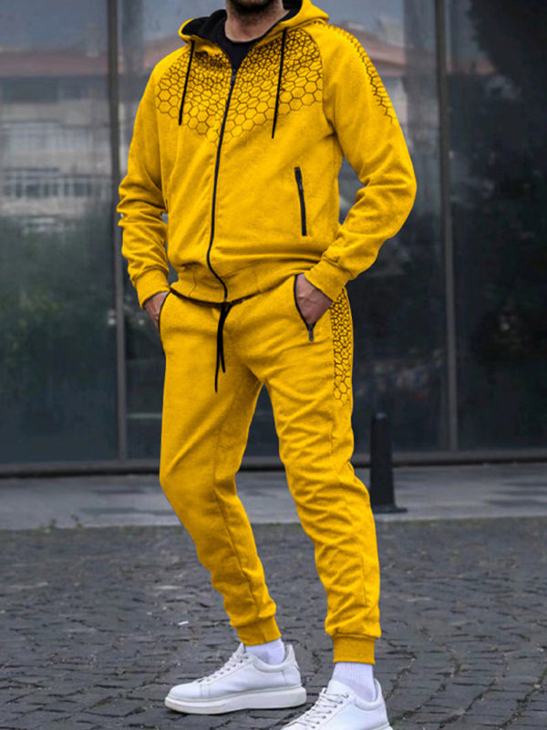 Men's Zipper Hooded Jacket Honeycomb Print Casual Sweatshirt Trousers Set - Premium Set from kakaclo - Just $17.09! Shop now at Craftklart.store