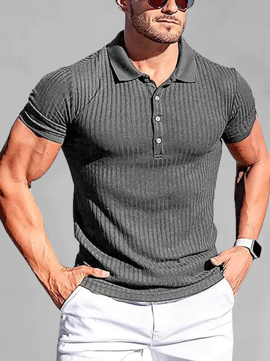 New Men's High Stretch Vertical Stripe Long Sleeve POLO Shirt Slim Fit Short Sleeve Polo Shirt - Premium Polo Shirt from kakaclo - Just $13.35! Shop now at Craftklart.store