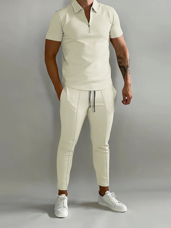 Men's Solid Color Lapel Short-sleeved POLO Shirt + Trousers Set - Premium Shirt & Tops from Craftklart Dropship - Just $18.98! Shop now at Craftklart.store