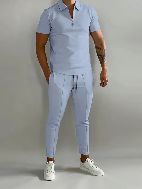Men's Solid Color Lapel Short-sleeved POLO Shirt + Trousers Set - Premium Shirt & Tops from Craftklart Dropship - Just $18.98! Shop now at Craftklart.store