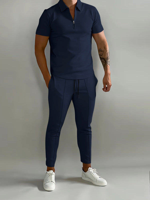 Men's Solid Color Lapel Short-sleeved POLO Shirt + Trousers Set - Premium Shirt & Tops from Craftklart Dropship - Just $18.98! Shop now at Craftklart.store