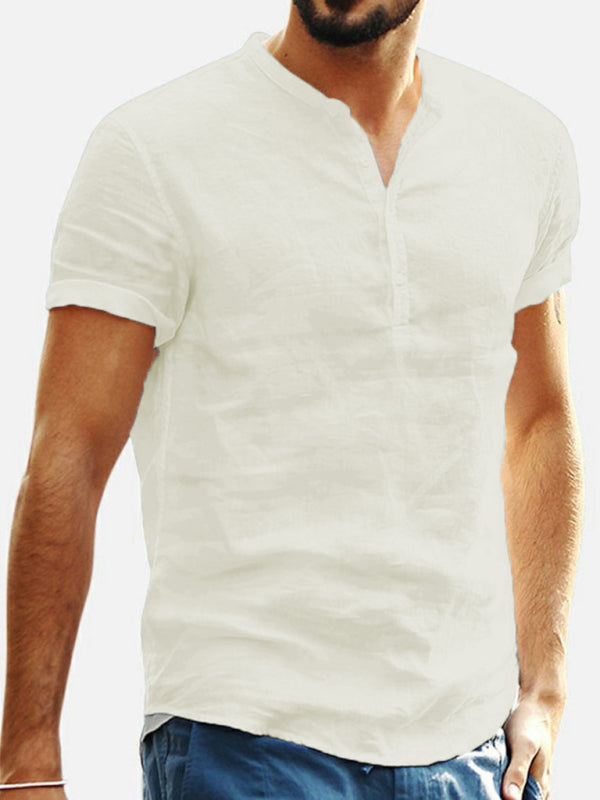 Men's Stand Collar Short Sleeve V Neck Cotton Linen Shirt - Premium Shirt from Craftklart Dropship - Just $14.98! Shop now at Craftklart.store