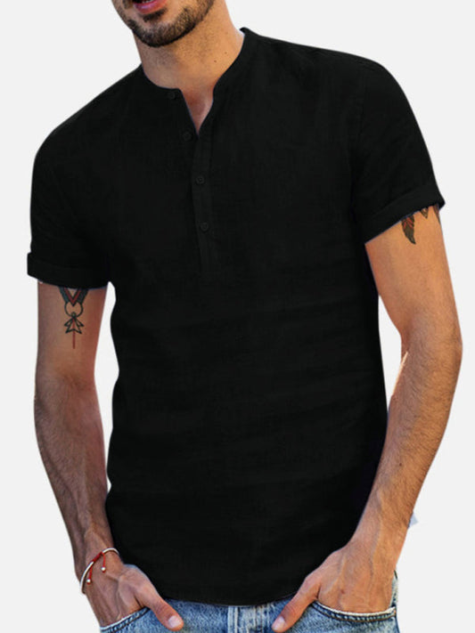 Men's Stand Collar Short Sleeve V Neck Cotton Linen Shirt - Premium Shirt from Craftklart Dropship - Just $14.98! Shop now at Craftklart.store