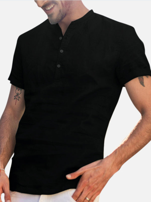 Men's Stand Collar Short Sleeve V Neck Cotton Linen Shirt - Premium Shirt from Craftklart Dropship - Just $14.98! Shop now at Craftklart.store