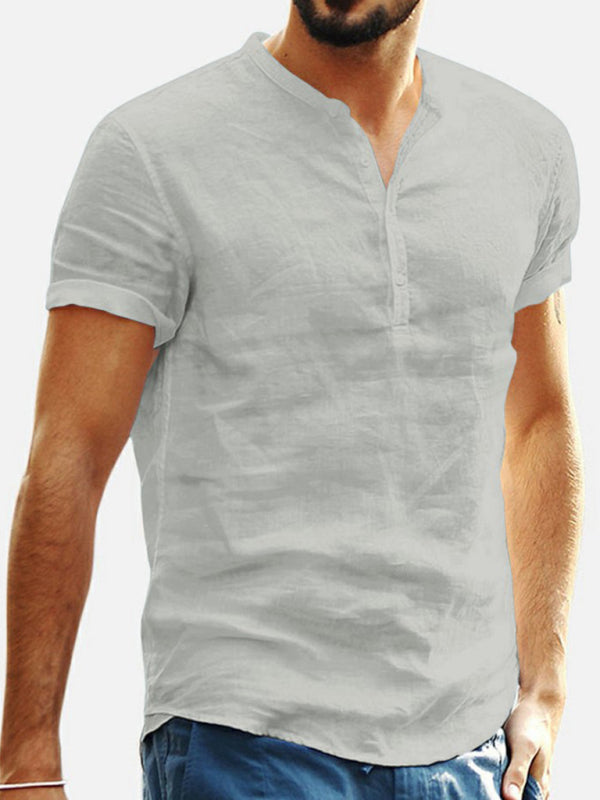 Men's Stand Collar Short Sleeve V Neck Cotton Linen Shirt - Premium Shirt from Craftklart Dropship - Just $14.98! Shop now at Craftklart.store