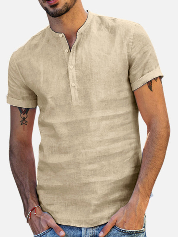 Men's Stand Collar Short Sleeve V Neck Cotton Linen Shirt - Premium Shirt from Craftklart Dropship - Just $14.98! Shop now at Craftklart.store