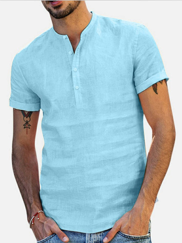 Men's Stand Collar Short Sleeve V Neck Cotton Linen Shirt - Premium Shirt from Craftklart Dropship - Just $14.98! Shop now at Craftklart.store