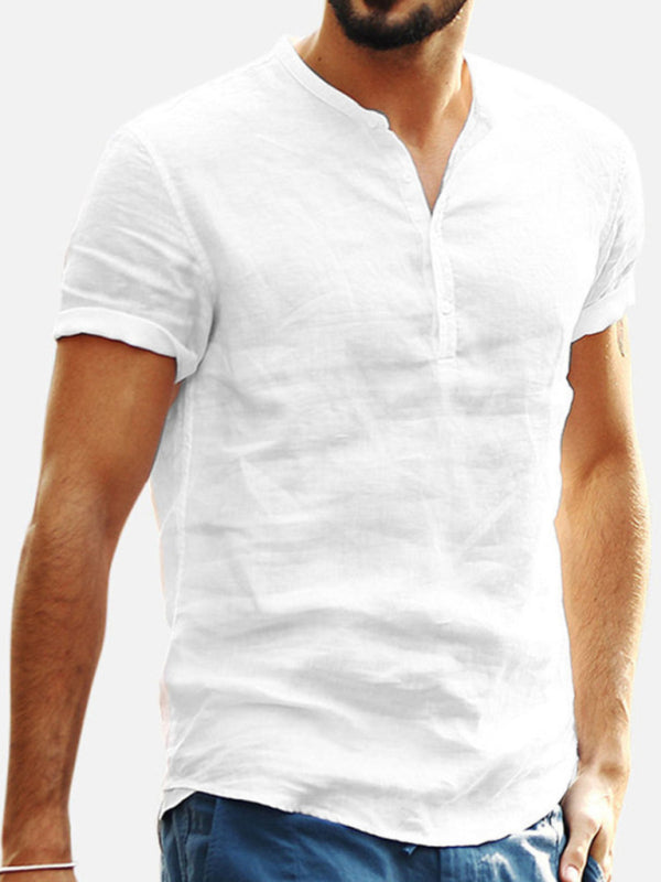 Men's Stand Collar Short Sleeve V Neck Cotton Linen Shirt - Premium Shirt from Craftklart Dropship - Just $14.98! Shop now at Craftklart.store