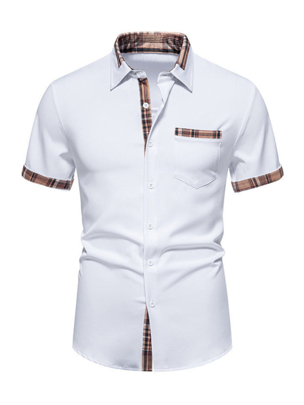 Men's Casual Collar Buttoned Plaid Color Block Short Sleeve Shirt - Premium Polo Shirt from Craftklart Dropship - Just $18.97! Shop now at Craftklart.store