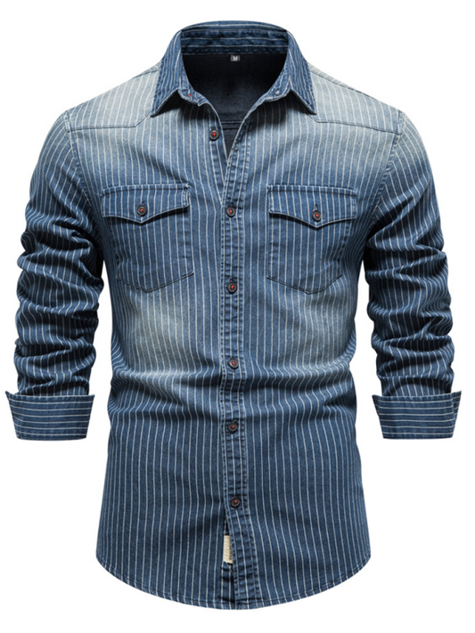 Men's Heavy Washed Distressed Striped Denim Shirt - Premium Shirt from Craftklart Dropship - Just $28.24! Shop now at Craftklart.store