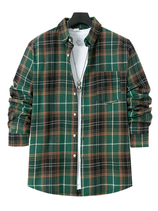 Men's Brushed Thin Plaid Long-sleeved Casual Shirt