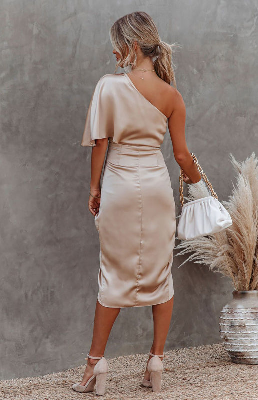 Women's One Sleeve Irregular Pleated Waist Skirt Dress - Premium Dresses from Craftklart Dropship - Just $15.98! Shop now at Craftklart.store