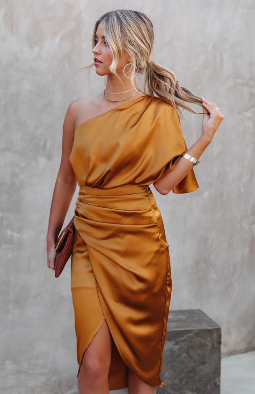 Women's One Sleeve Irregular Pleated Waist Skirt Dress - Premium Dresses from Craftklart Dropship - Just $15.98! Shop now at Craftklart.store