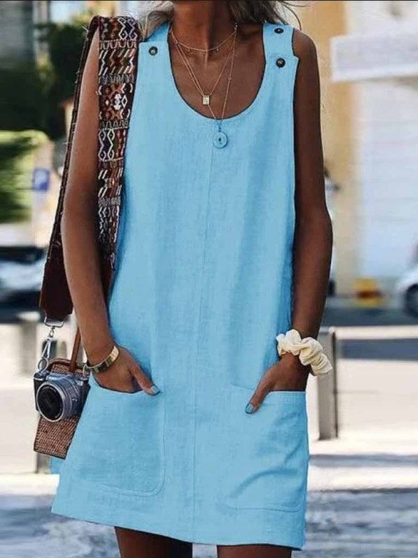 New Ladies Pocket Button Cotton Linen Suspender Dress - Premium Dress from Craftklart Dropship - Just $8.95! Shop now at Craftklart.store