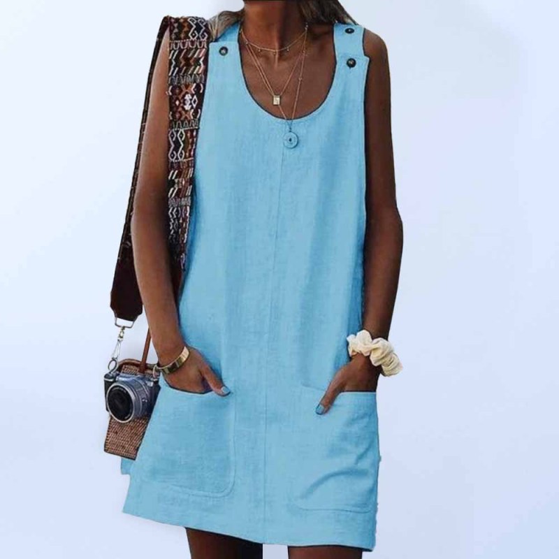New Ladies Pocket Button Cotton Linen Suspender Dress - Premium Dress from Craftklart Dropship - Just $8.95! Shop now at Craftklart.store