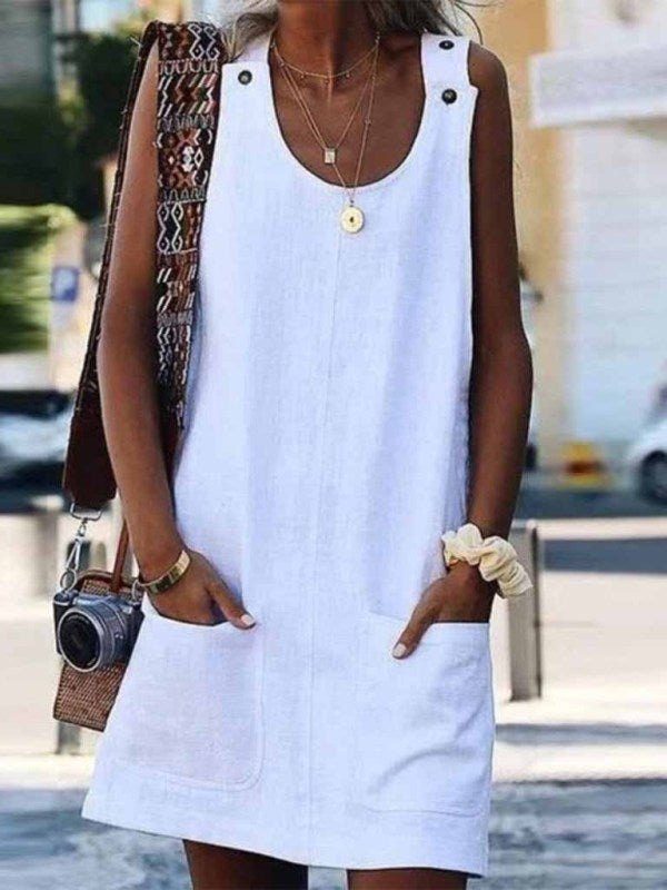 New Ladies Pocket Button Cotton Linen Suspender Dress - Premium Dress from Craftklart Dropship - Just $8.95! Shop now at Craftklart.store