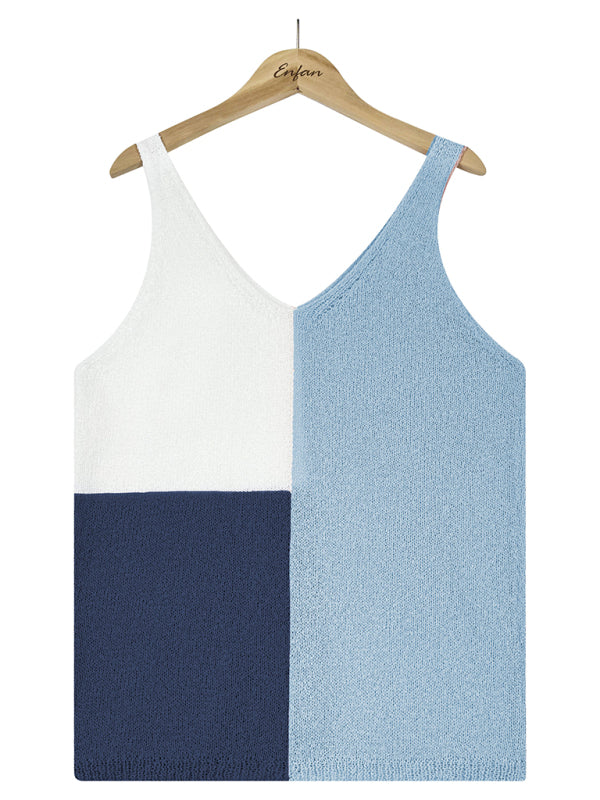 Women's Splicing Contrasting Color V-neck Casual Knit Tank Top - Premium Shirts & Tops from Craftklart Dropship - Just $14.83! Shop now at Craftklart.store