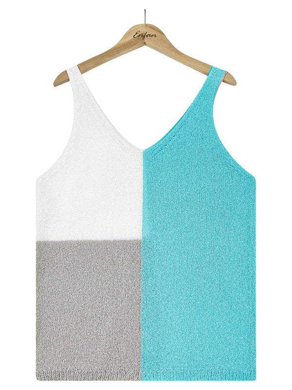 Women's Splicing Contrasting Color V-neck Casual Knit Tank Top - Premium Shirts & Tops from Craftklart Dropship - Just $14.83! Shop now at Craftklart.store