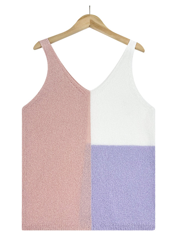 Women's Splicing Contrasting Color V-neck Casual Knit Tank Top - Premium Shirts & Tops from Craftklart Dropship - Just $14.83! Shop now at Craftklart.store