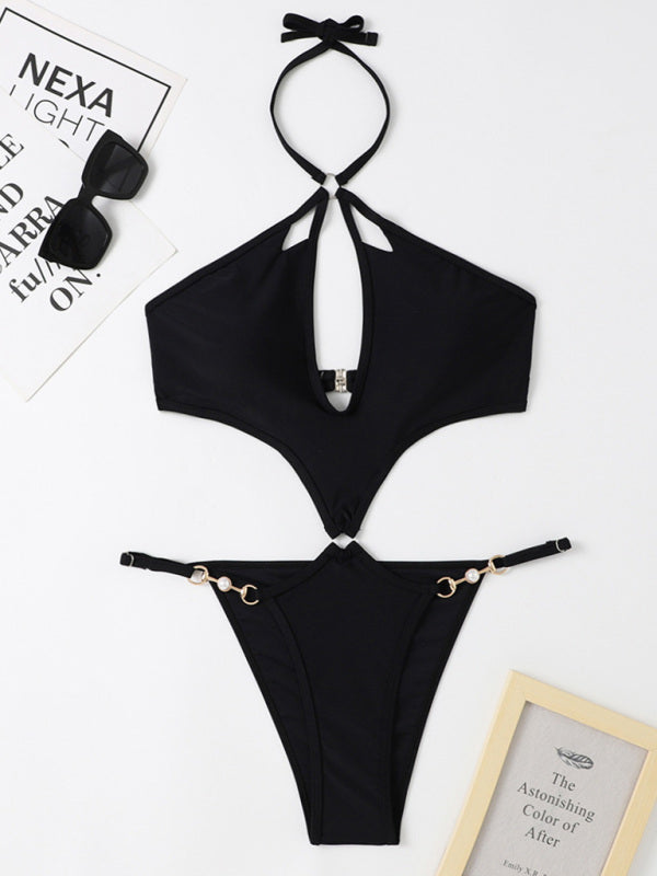 New one-Piece Multicolor Hollow Sexy Pearl Chain Halter Neck Swimsuit - Premium Swimsuit from Craftklart Dropship - Just $12.80! Shop now at Craftklart.store