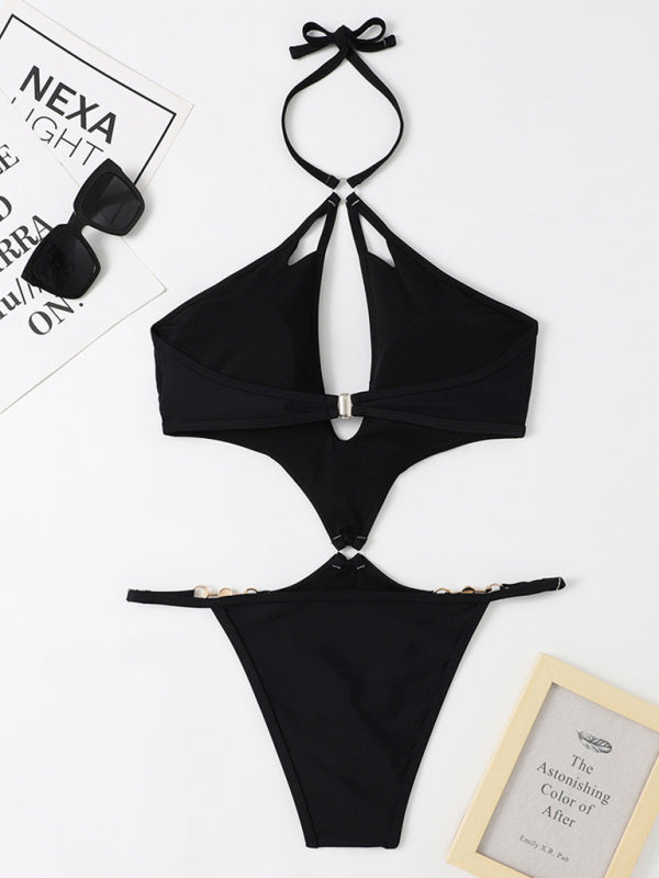 New one-Piece Multicolor Hollow Sexy Pearl Chain Halter Neck Swimsuit - Premium Swimsuit from Craftklart Dropship - Just $12.80! Shop now at Craftklart.store