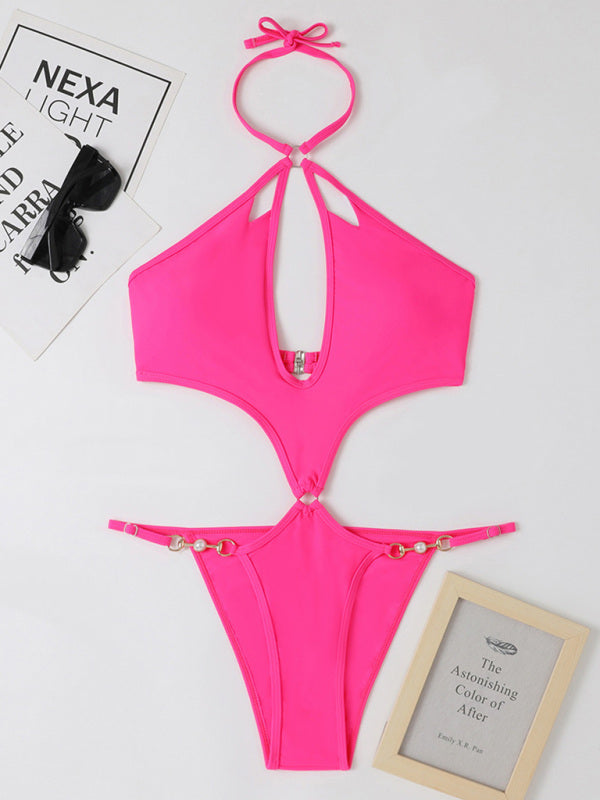 New one-Piece Multicolor Hollow Sexy Pearl Chain Halter Neck Swimsuit - Premium Swimsuit from Craftklart Dropship - Just $12.80! Shop now at Craftklart.store