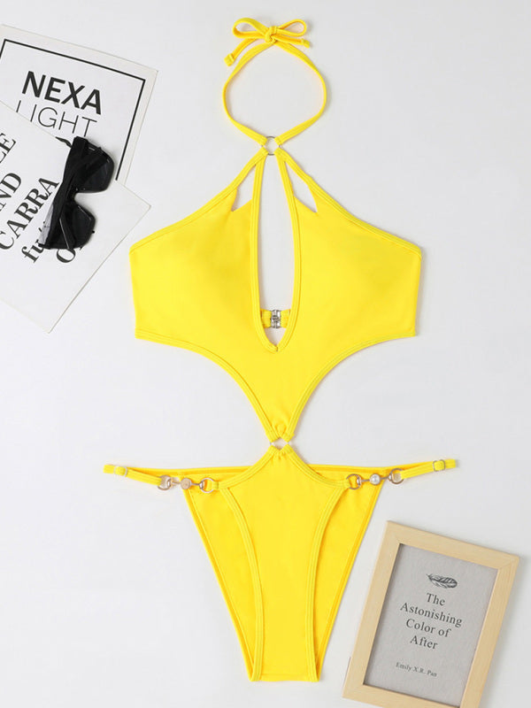 New one-Piece Multicolor Hollow Sexy Pearl Chain Halter Neck Swimsuit - Premium Swimsuit from Craftklart Dropship - Just $12.80! Shop now at Craftklart.store