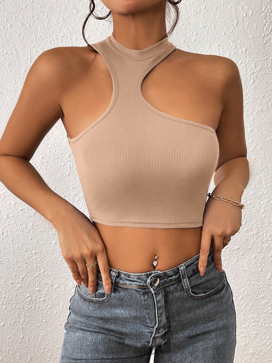 Women's Knitted Round Neck Cropped Asymmetrical Crop Tank Top - Premium Shirts & Tops from kakaclo - Just $7.88! Shop now at Craftklart.store