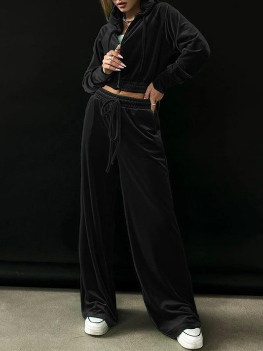 New Ladies Fashion Long Sleeve Hoodie Gold Velvet Casual Pants Suit - Craftklart.store