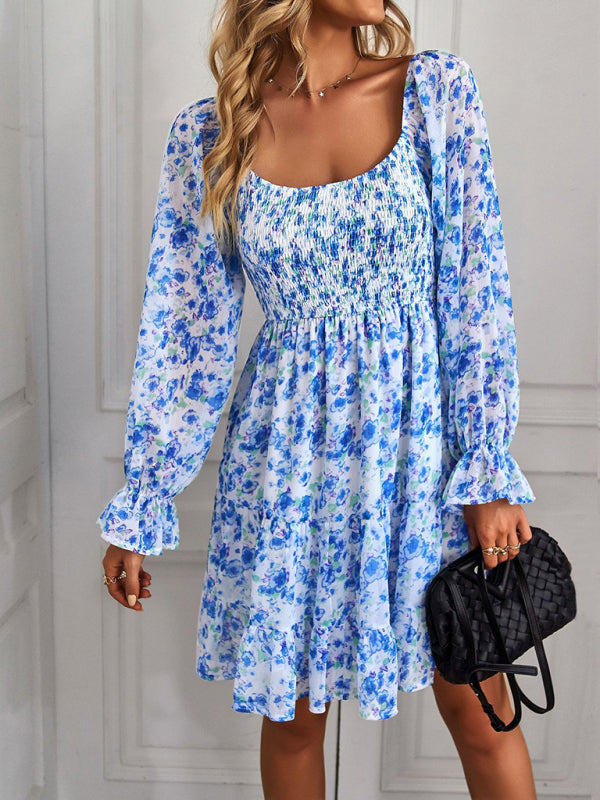 Bohemian print stretch elastic square neck long-sleeved dress - Premium Dress from kakaclo - Just $16.28! Shop now at Craftklart.store