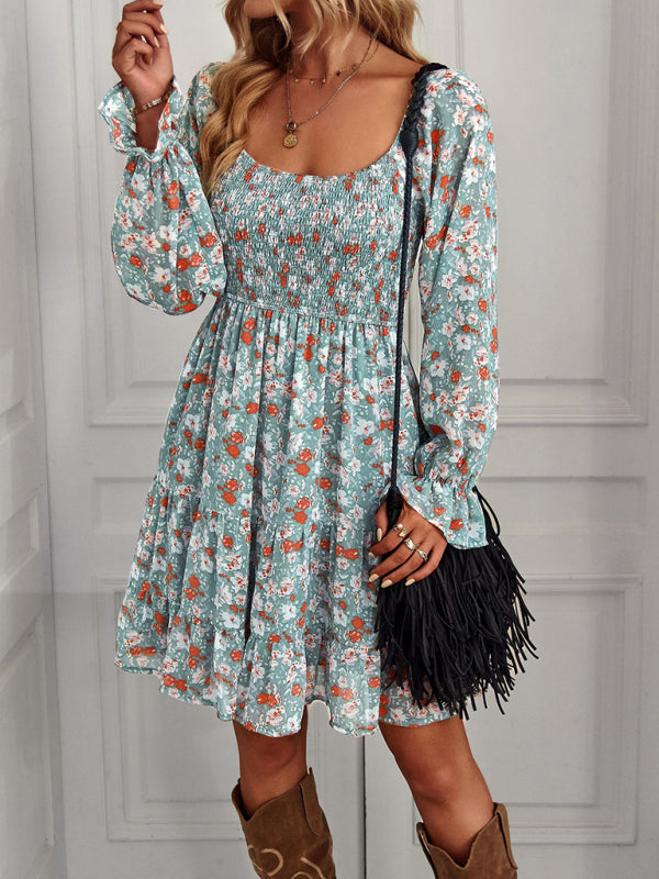 Bohemian print stretch elastic square neck long-sleeved dress - Premium Dress from kakaclo - Just $16.28! Shop now at Craftklart.store