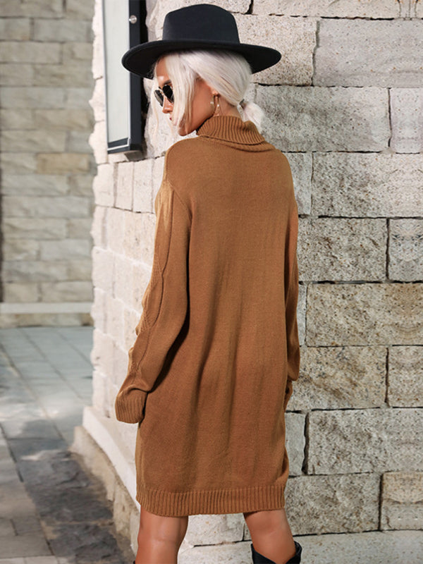 New Mid-high Collar Solid Color Sweater Dress (belt not included)