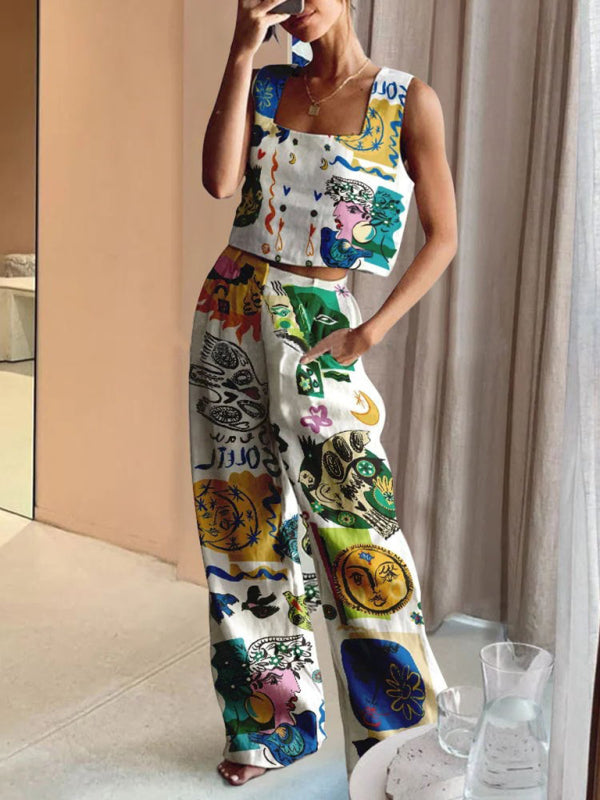 New Women's Printed wide-leg Pants + Vest Casual Fashion Two-piece Suit - Premium Set from kakaclo - Just $19.35! Shop now at Craftklart.store