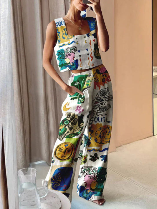 New women's printed wide-leg pants + vest casual fashion two-piece suit - Premium Set from kakaclo - Just $19.35! Shop now at Craftklart.store
