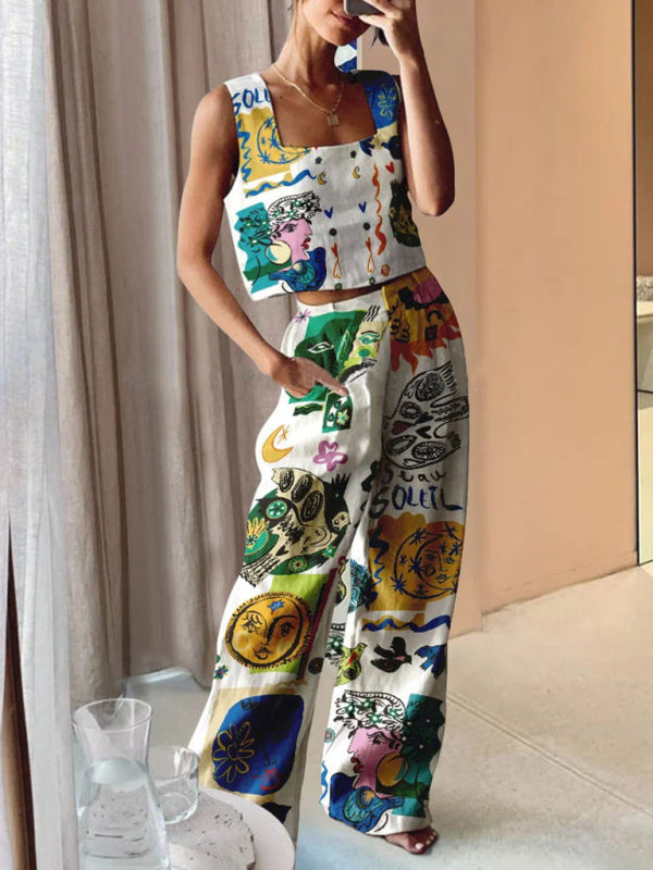 New Women's Printed wide-leg Pants + Vest Casual Fashion Two-piece Suit - Premium Set from kakaclo - Just $19.35! Shop now at Craftklart.store