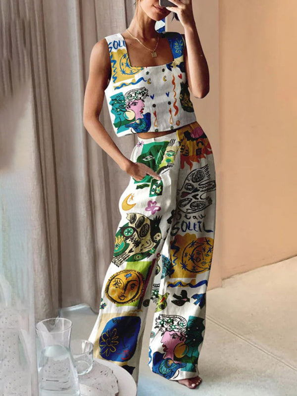 New Women's Printed wide-leg Pants + Vest Casual Fashion Two-piece Suit - Premium Set from kakaclo - Just $19.35! Shop now at Craftklart.store