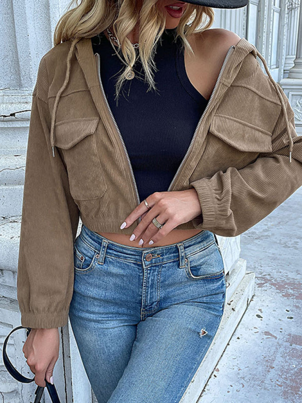 Fashion Women's Solid Color Hooded Corduroy Jacket - Premium Jackets from Craftklart Dropship - Just $23.36! Shop now at Craftklart.store