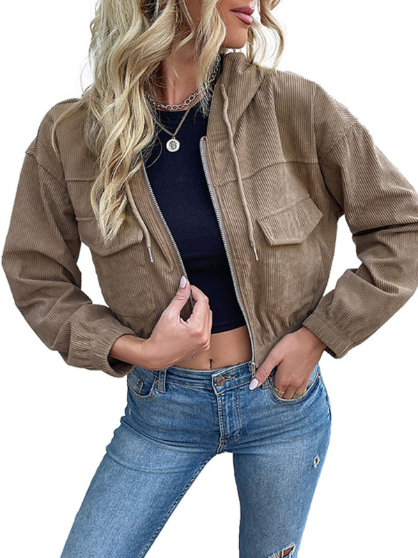 Fashion Women's Solid Color Hooded Corduroy Jacket - Premium Jackets from Craftklart Dropship - Just $23.36! Shop now at Craftklart.store