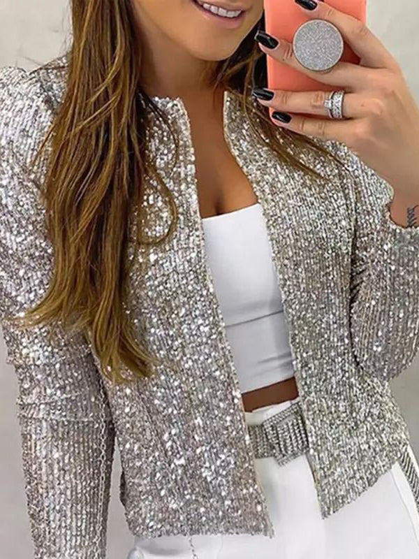 Women's Fashion Round Neck Solid Color Sequined Short Coat - Premium Jackets from Craftklart Dropship - Just $18.98! Shop now at Craftklart.store